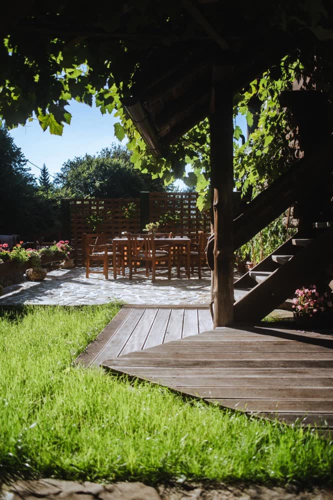 Cabana Bendis — deck-ul de lemn, sub coroana copacilor.