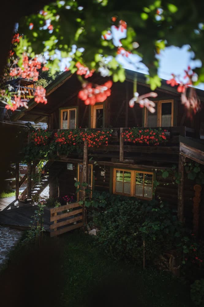 Cabana Bendis — fațada, printre mușcatele de pe balcon.