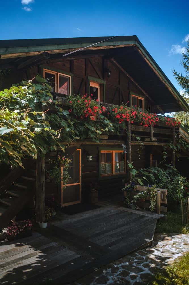 Cabana Bendis — balconul cu mușcate roșii.