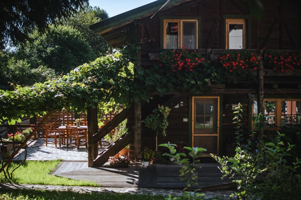 Cabana Bendis — pergola de viță și terasa cu mese, văzute din grădină.