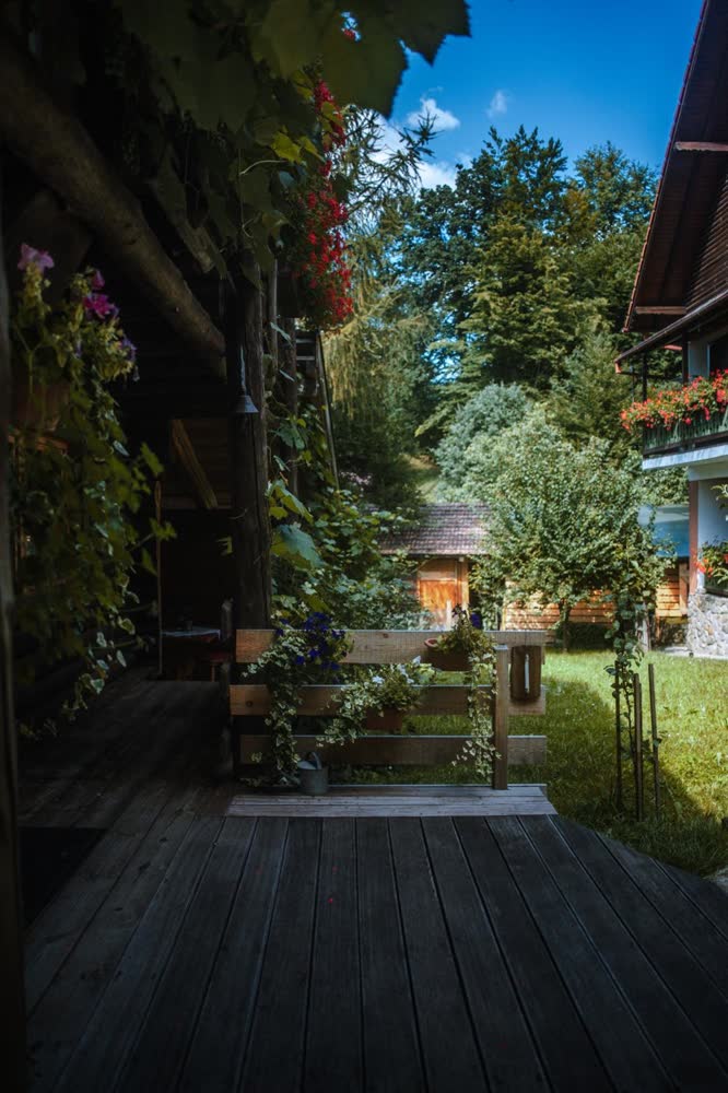 Cabana Bendis — aleea din grădină, cu lumina caldă de la ferestre.